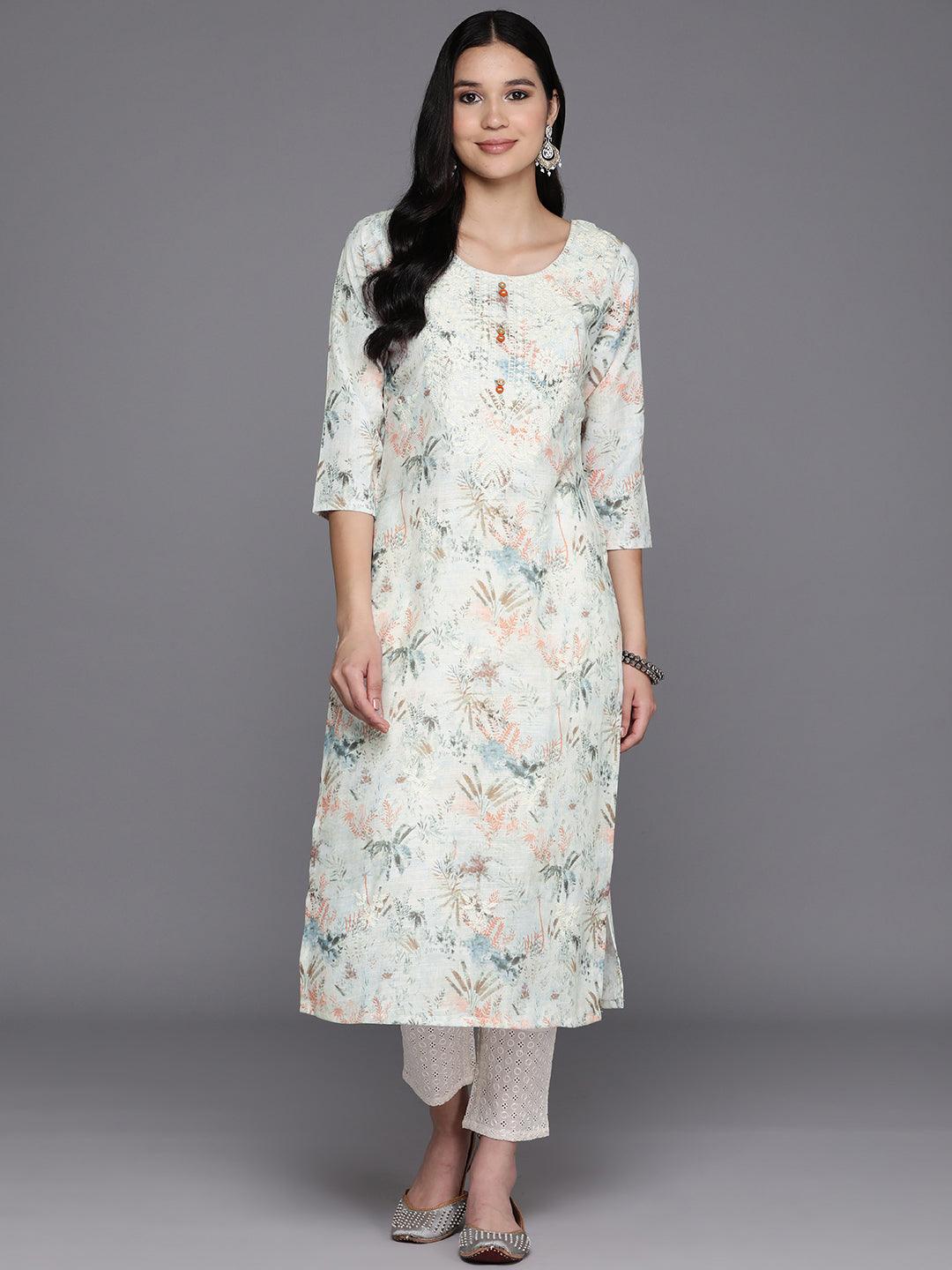 Off White Printed Cotton Straight Kurta - Jashvi