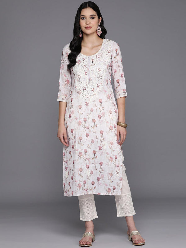 Off White Printed Cotton Straight Kurta - Jashvi