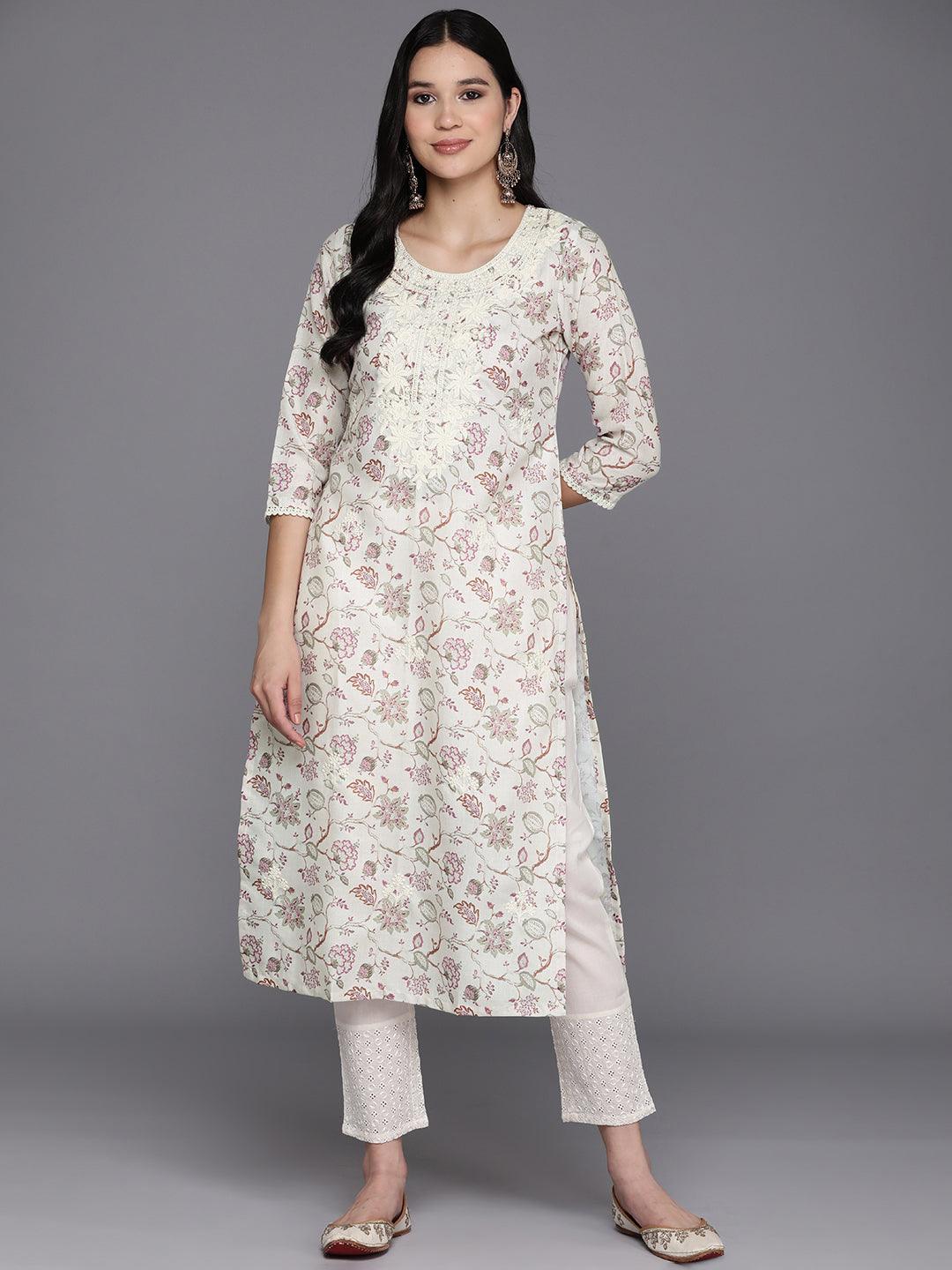 Off White Printed Cotton Straight Kurta - Jashvi