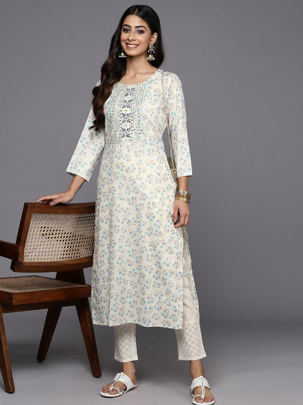 Off White Printed Cotton Straight Kurta - Jashvi