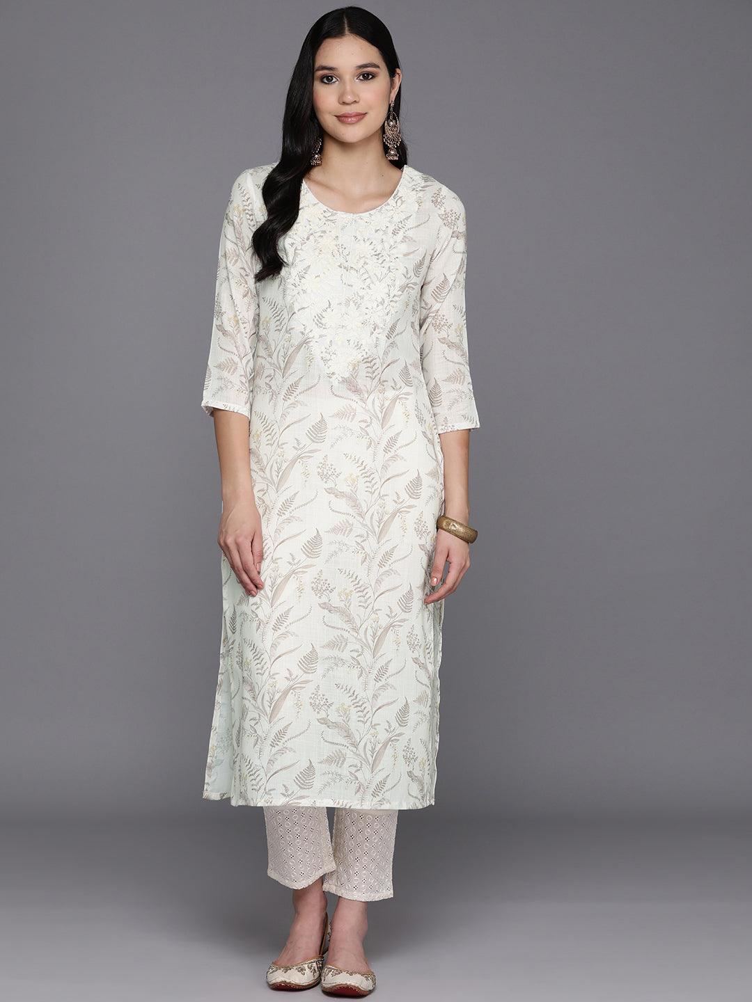 Off White Printed Cotton Straight Kurta - Jashvi