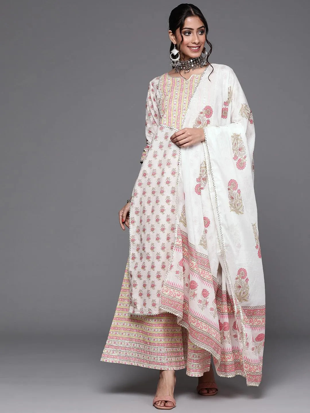 Off White Printed Cotton Suit Set - Jashvi