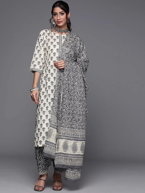 Off White Printed Cotton Suit Set - Jashvi