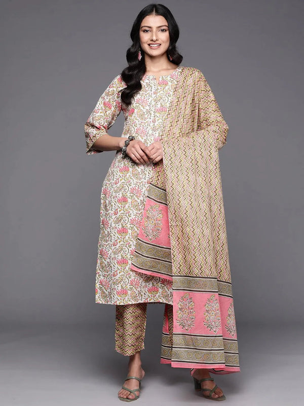 Off White Printed Cotton Straight Suit Set With Trousers - Jashvi