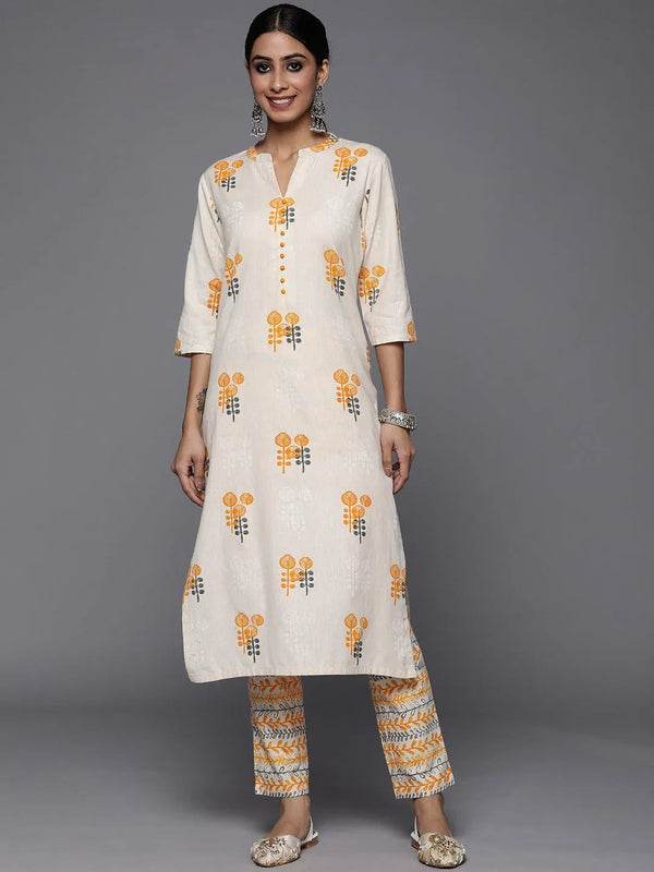 Off White Printed Cotton Straight Kurta Set - Jashvi