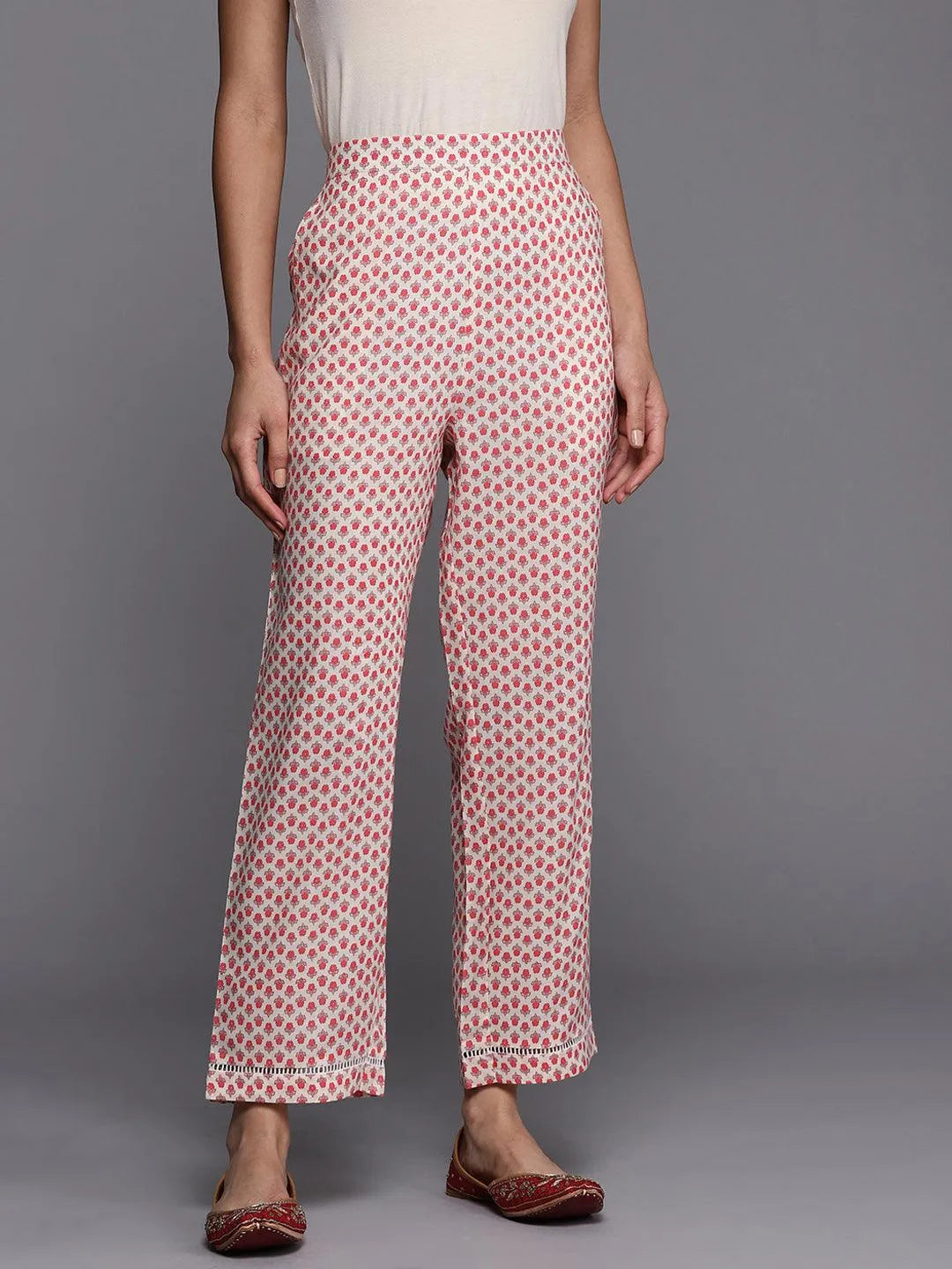 Off White Printed Cotton Trousers - Jashvi