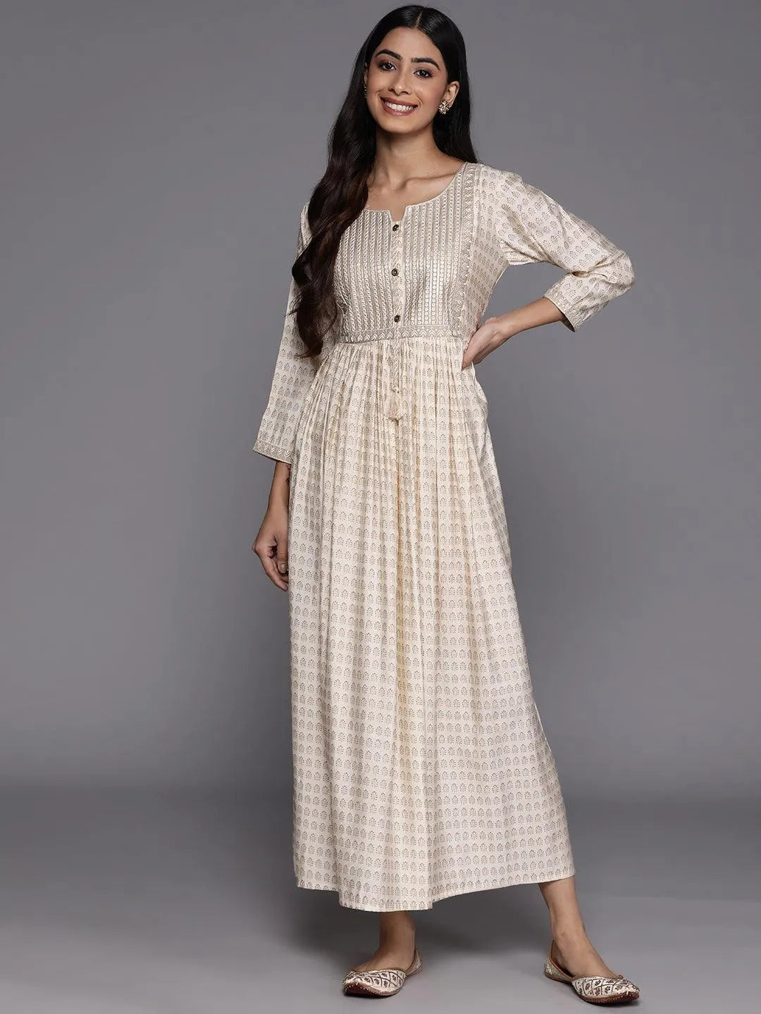 Off White Printed Fit and Flare Silk Dress - Jashvi