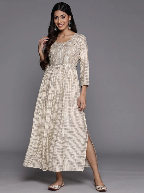 Off White Printed Fit and Flare Silk Dress - Jashvi