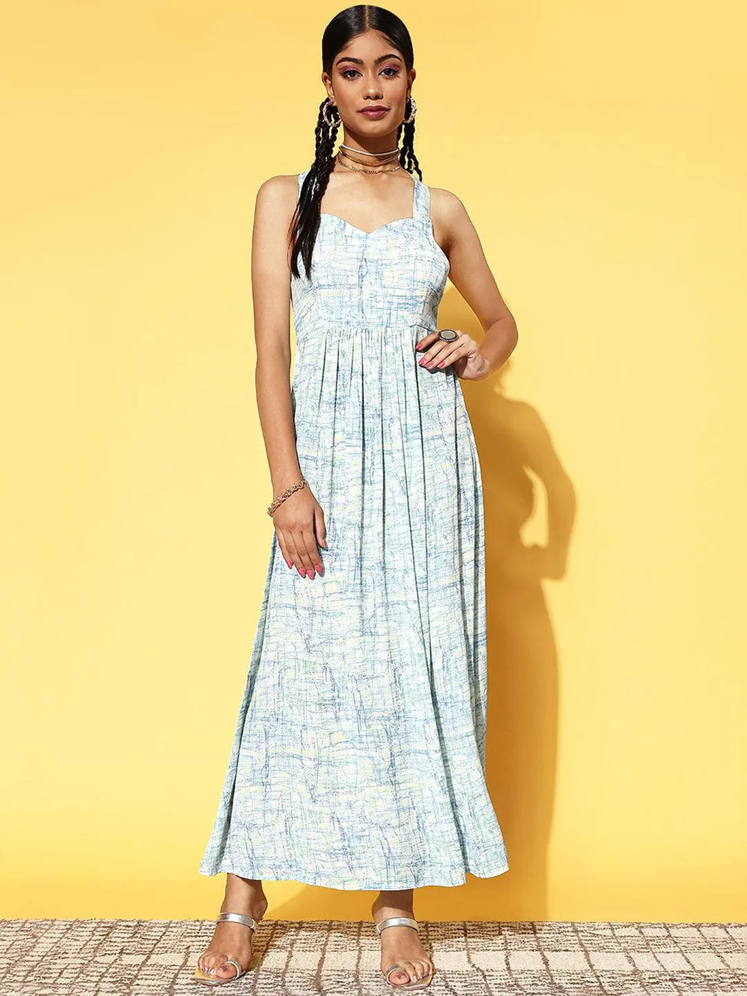 Off White Printed Georgette Fit and Flare Dress - Jashvi