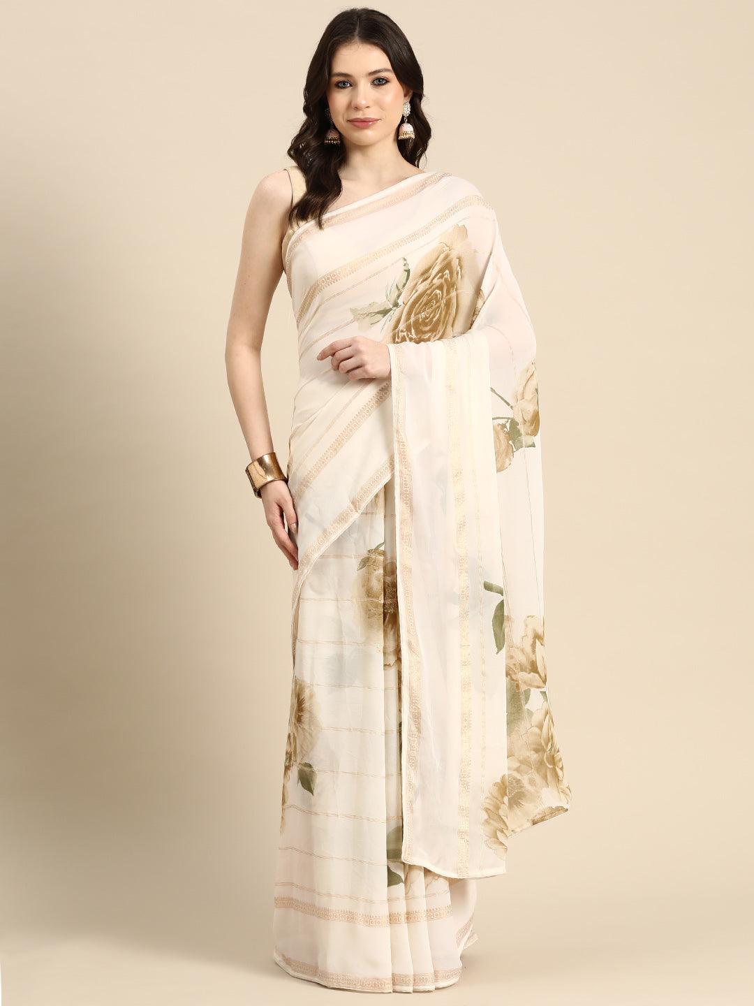 Off White Printed Georgette Saree - Jashvi