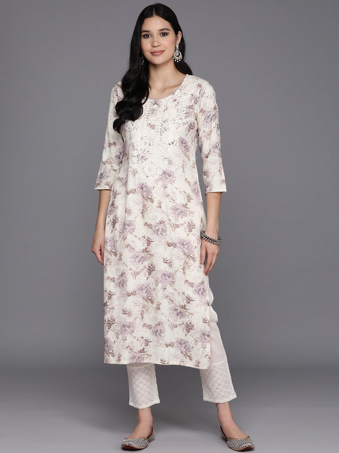 Off White Printed Rayon Straight Kurta - Jashvi