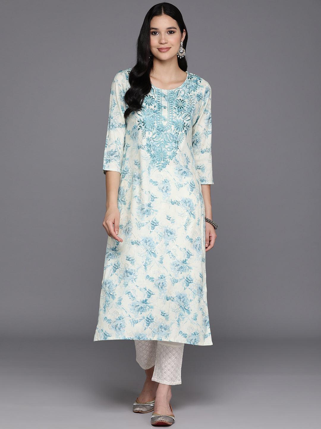 Off White Printed Rayon Straight Kurta - Jashvi