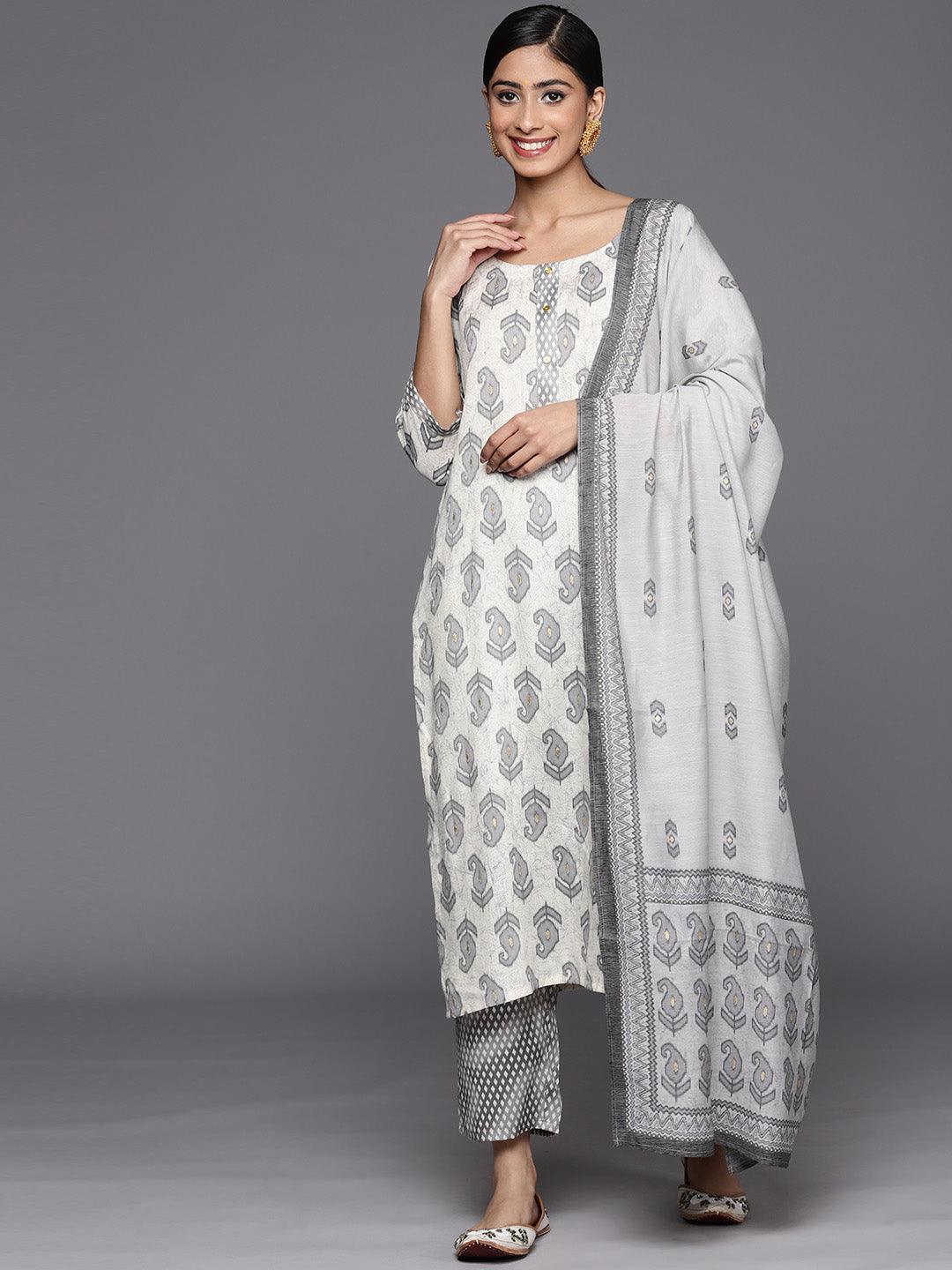 Off White Printed Rayon Straight Suit Set With Trousers - Jashvi