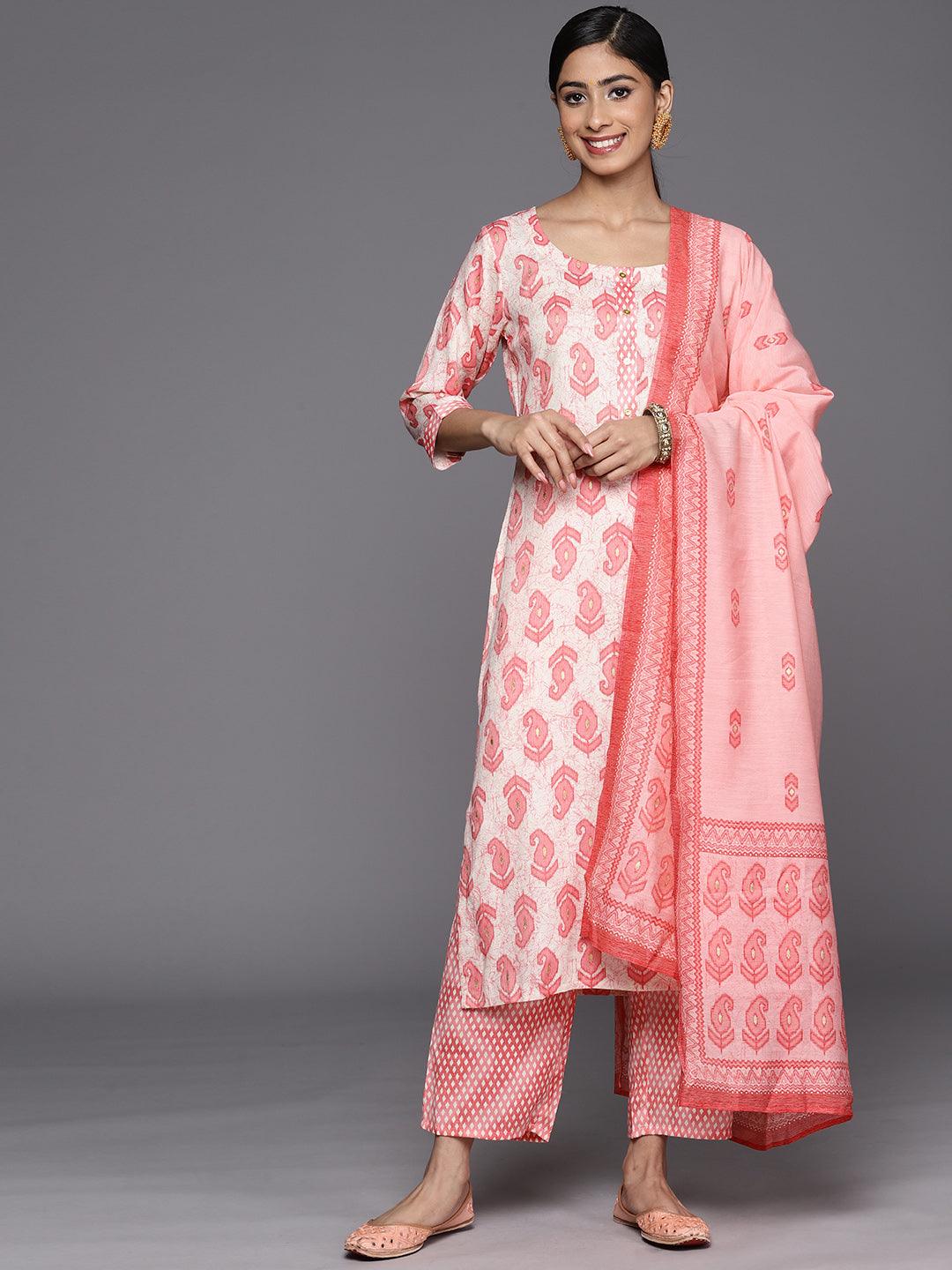 Off White Printed Rayon Straight Suit Set With Trousers - Jashvi