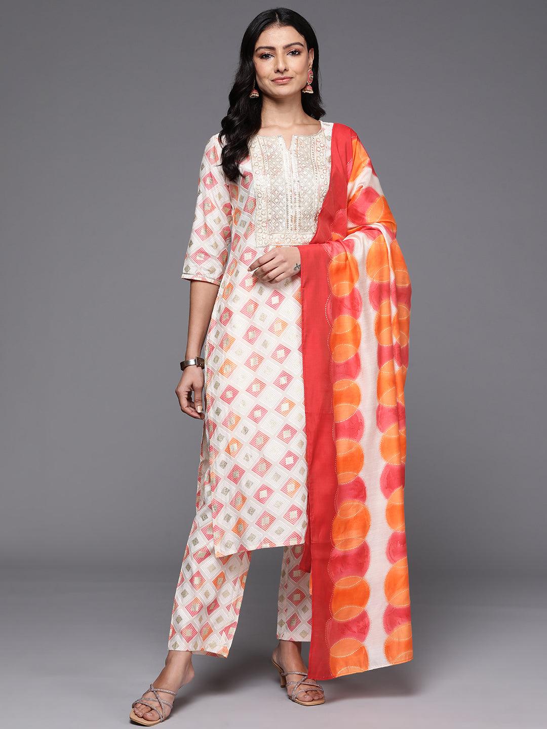 Off White Printed Silk Blend Straight Kurta With Palazzos & Dupatta - Jashvi