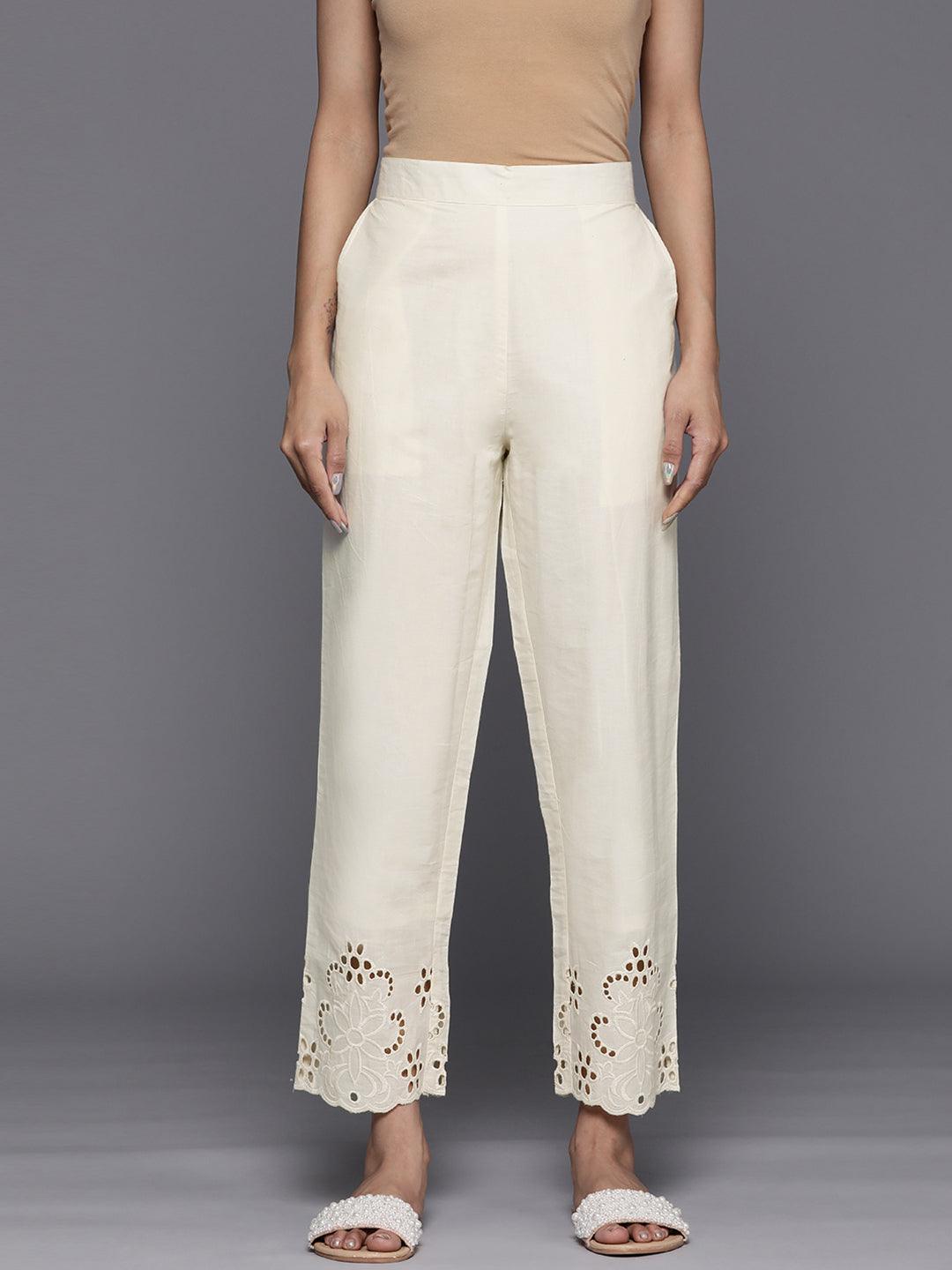 Off White Schiffli Cotton Trousers - Jashvi