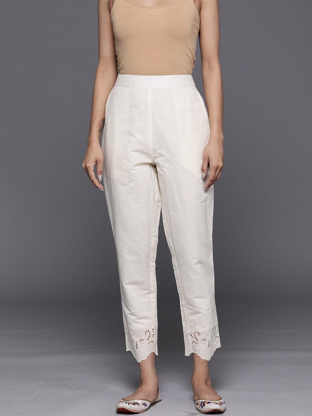 Off White Schiffli Cotton Trousers - Jashvi