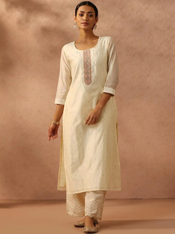 Off White Embroidered Chanderi Silk Straight Kurta - Jashvi