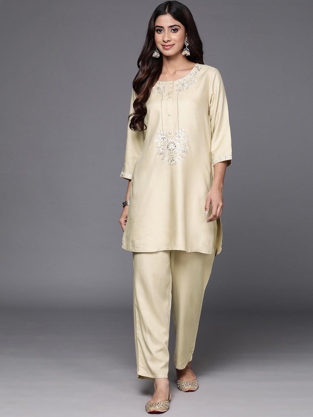 Off White Self Design Wool Blend Tunic With Trousers - Jashvi