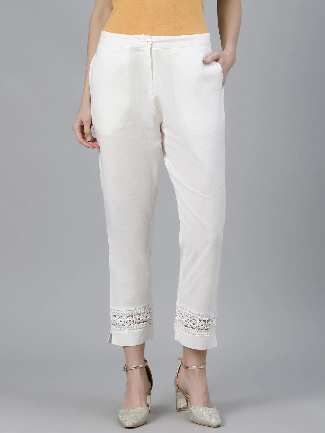 Off-White Solid Cotton Palazzos - Jashvi