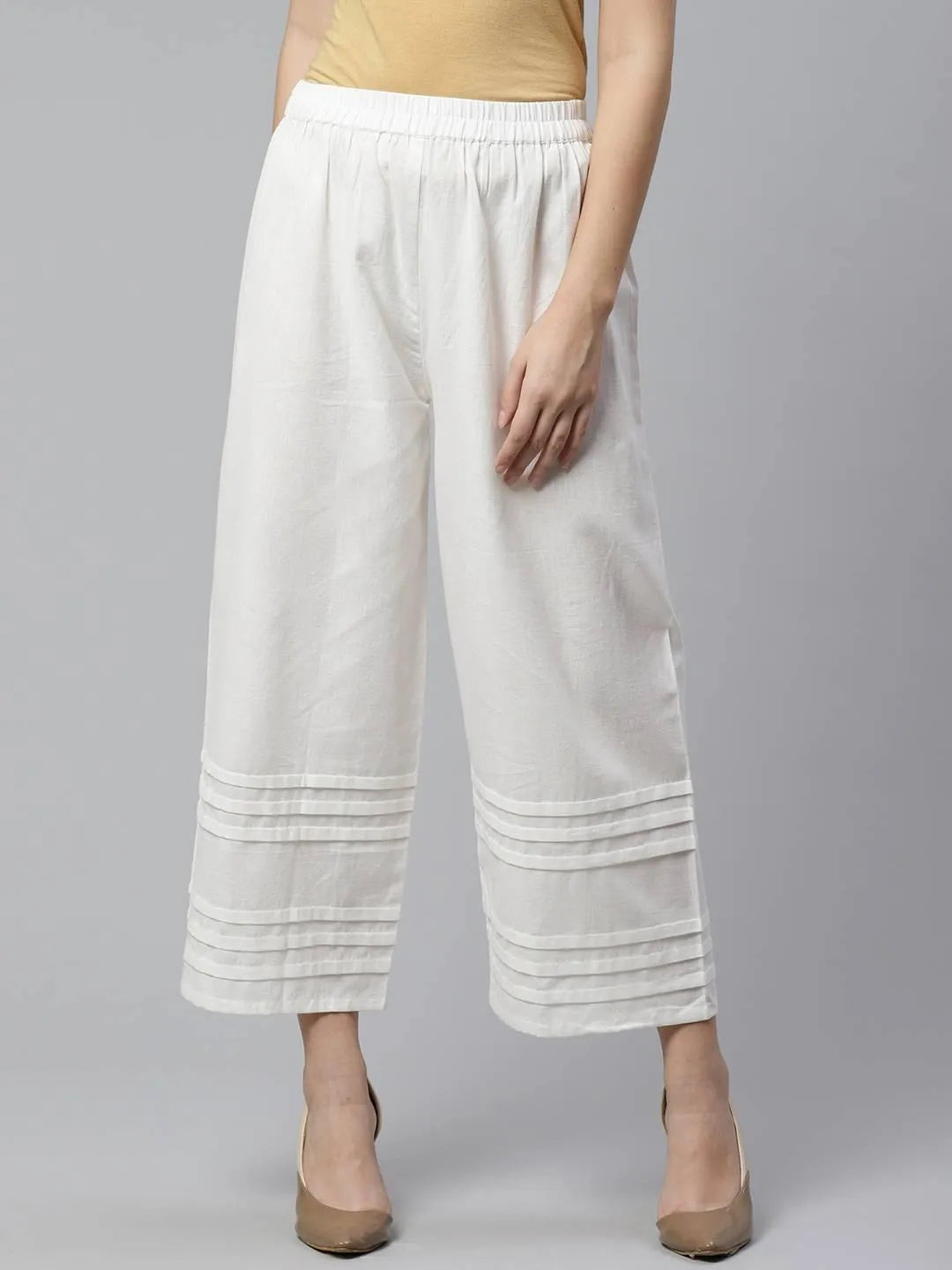 Off-White Solid Cotton Palazzos - Jashvi