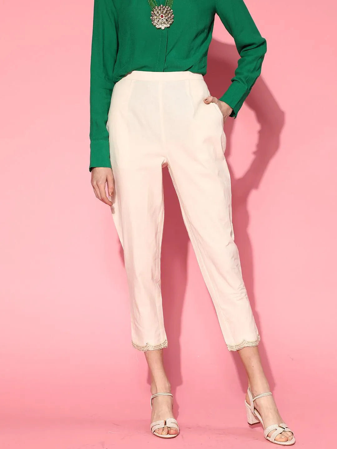 Off White Solid Cotton Trousers - Jashvi