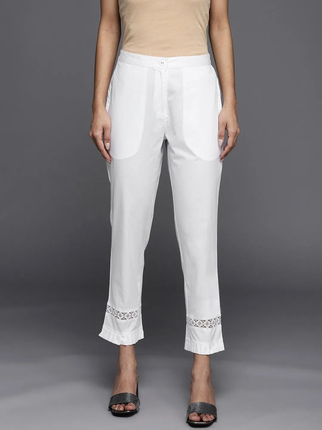 Off White Solid Cotton Trousers - Jashvi