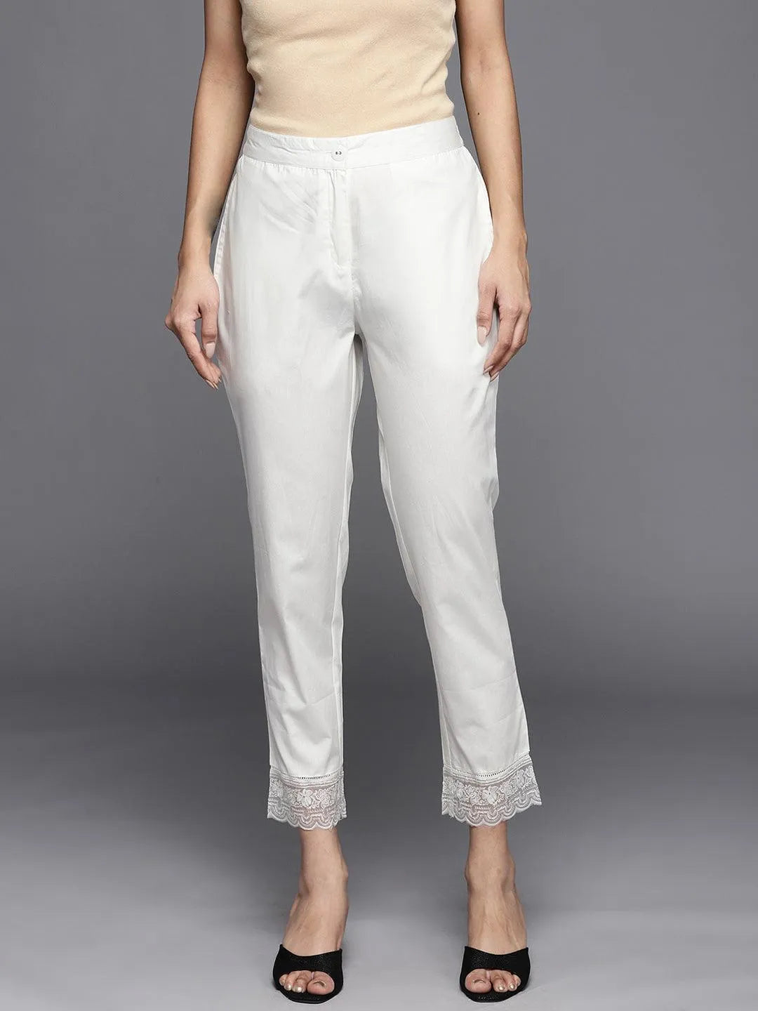 Off White Solid Cotton Trousers - Jashvi