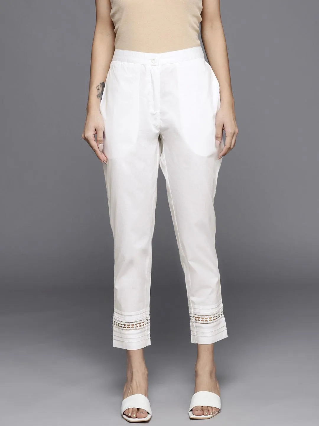 Off White Solid Cotton Trousers - Jashvi