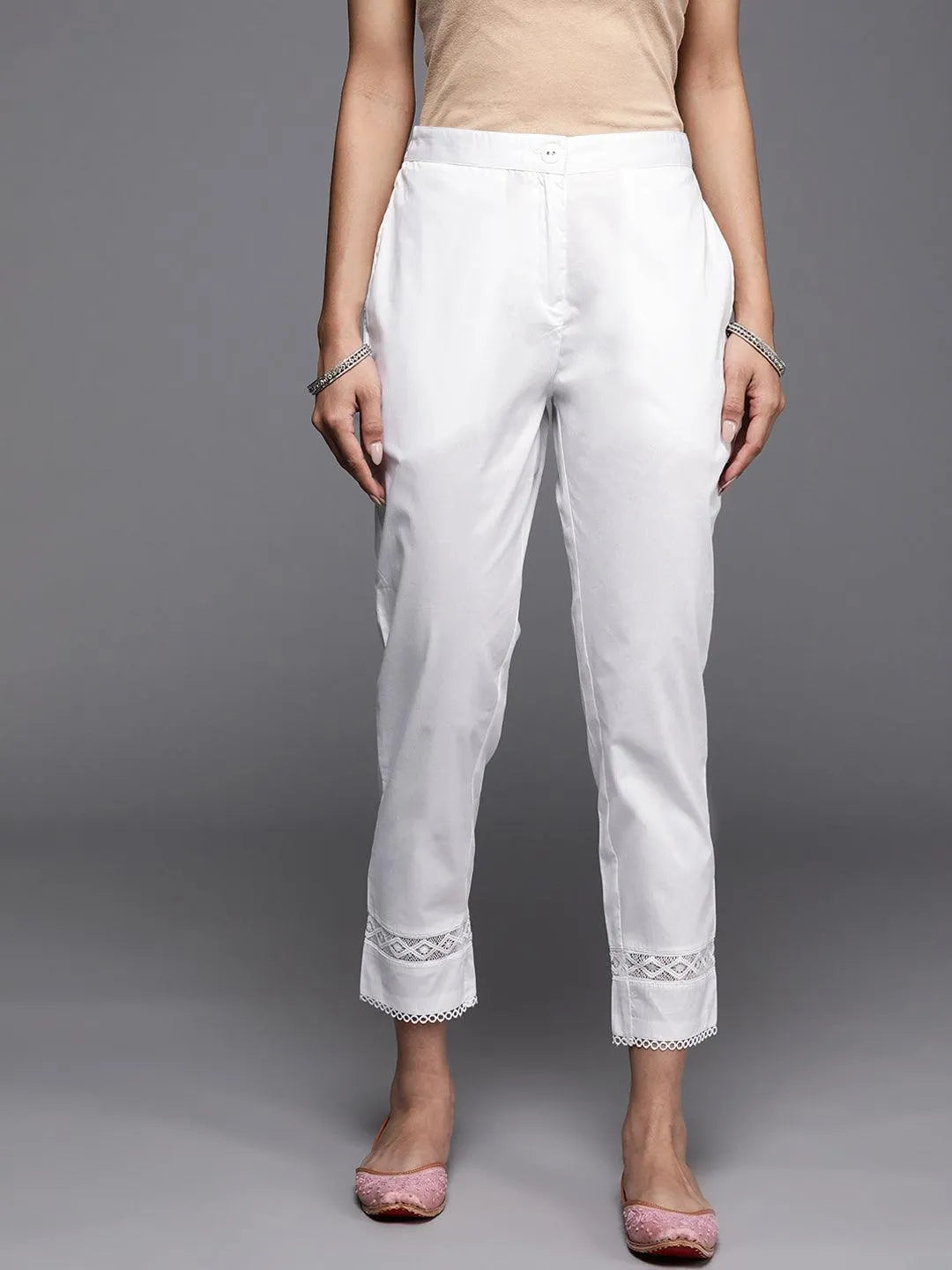 Off White Solid Cotton Trousers - Jashvi