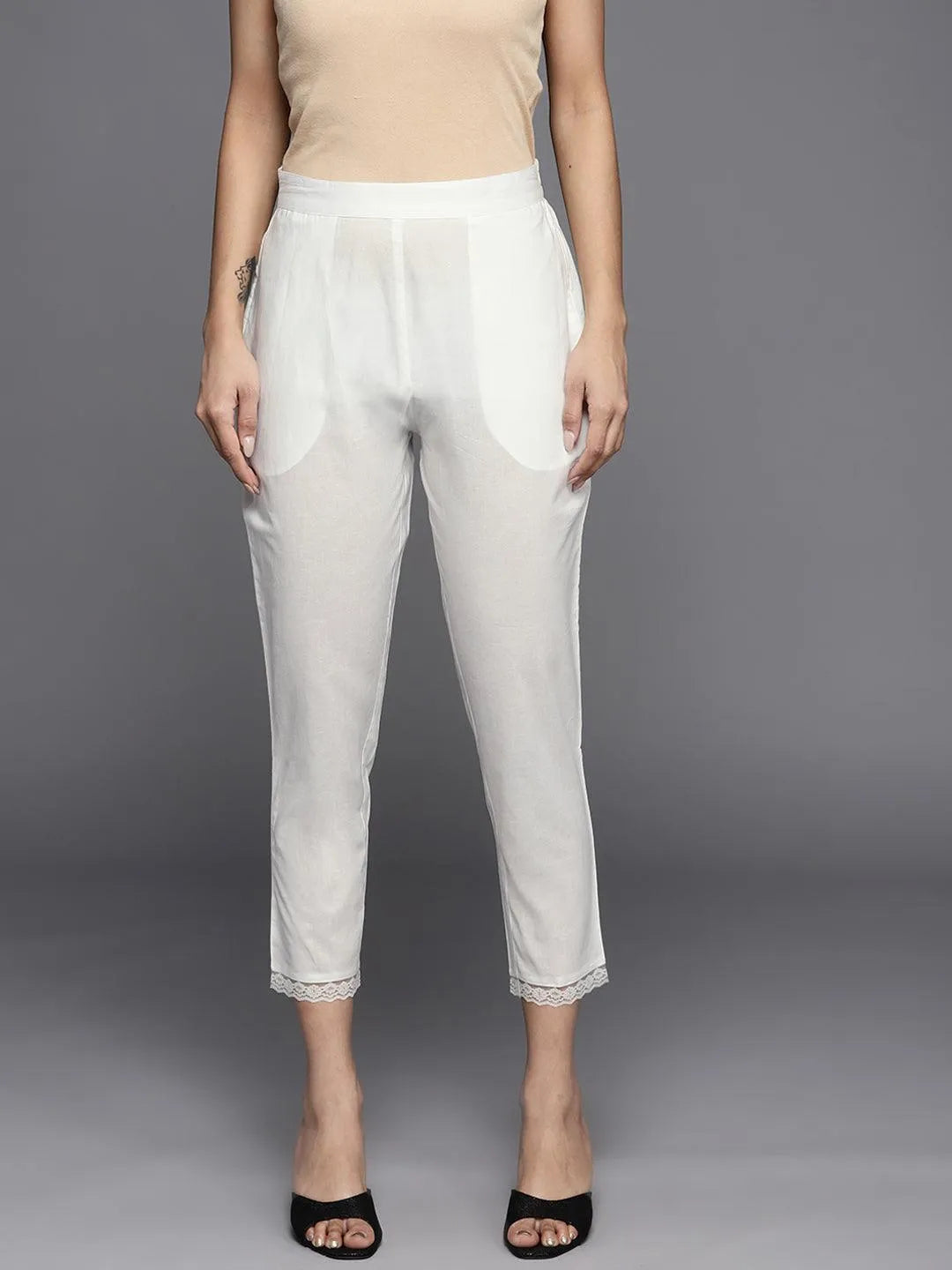 Off White Solid Cotton Trousers - Jashvi