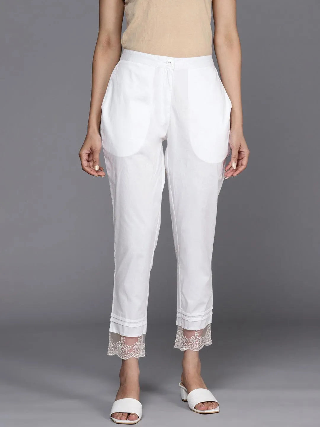 Off White Solid Cotton Trousers - Jashvi