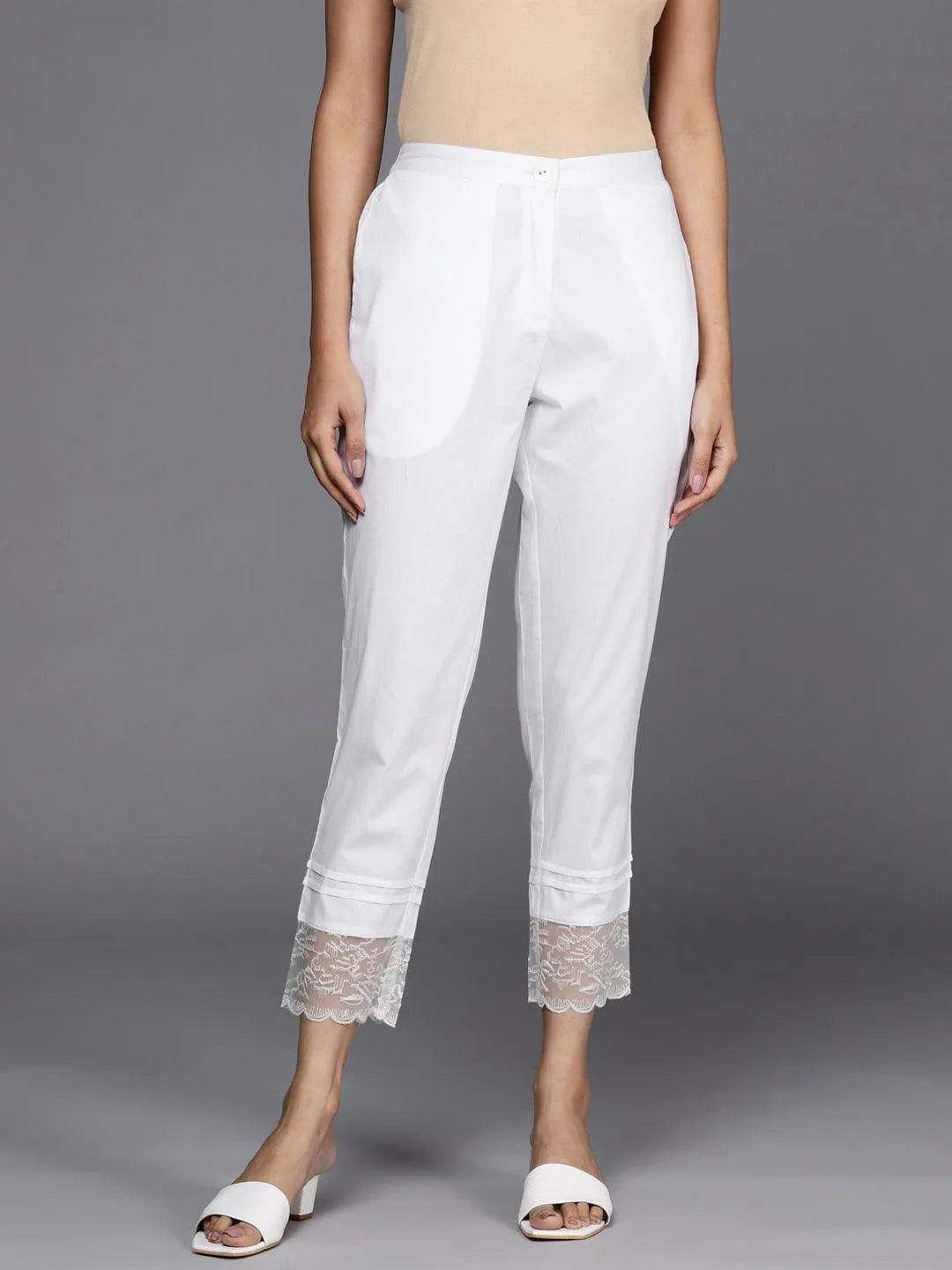 Off White Solid Cotton Trousers - Jashvi