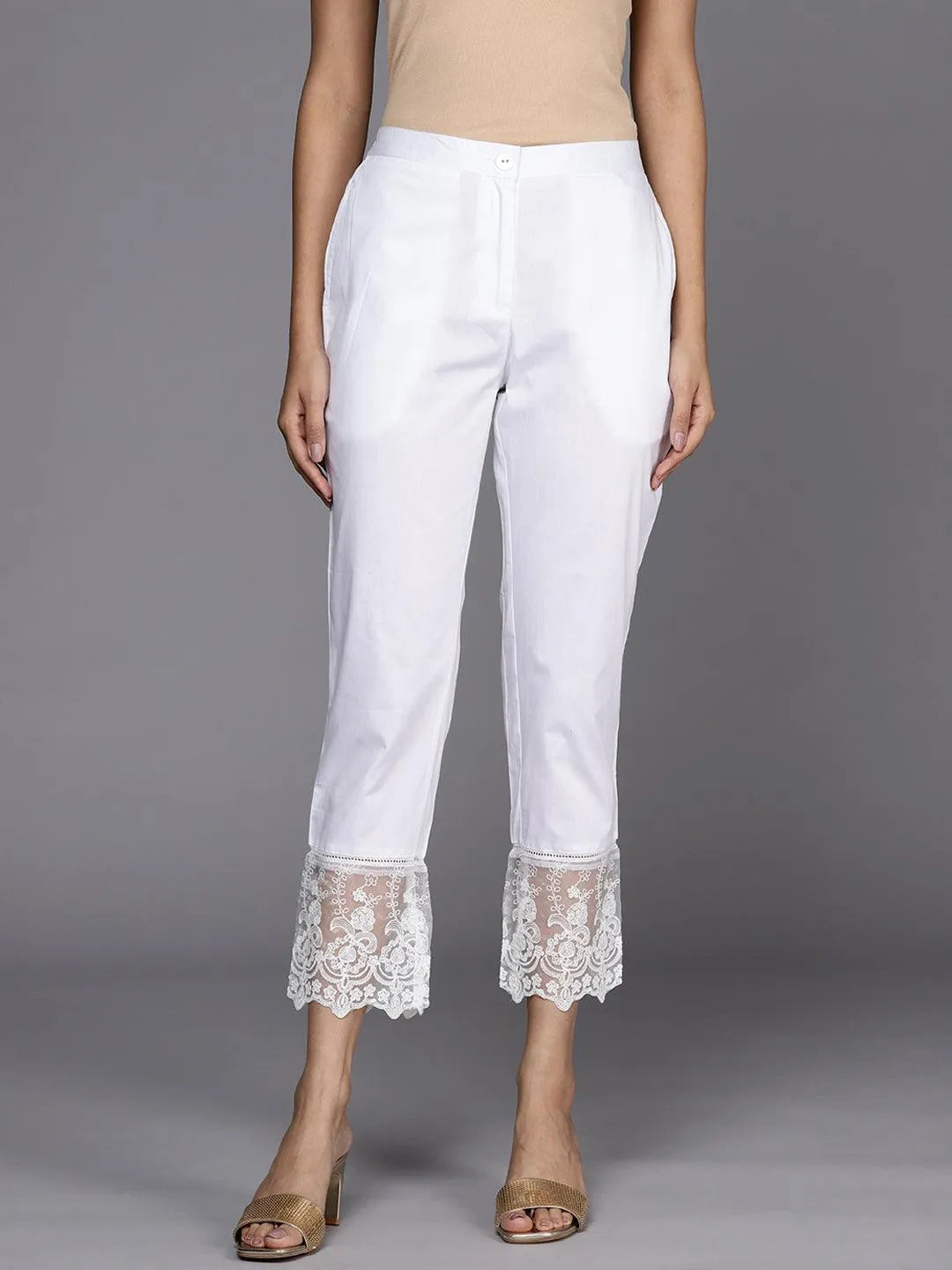 Off White Solid Cotton Trousers - Jashvi