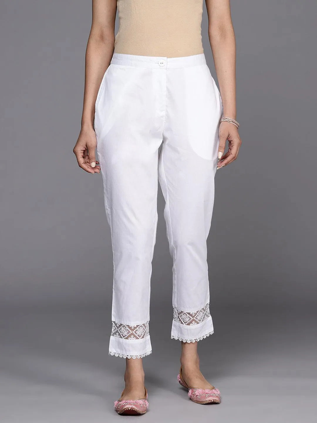 Off White Solid Cotton Trousers - Jashvi