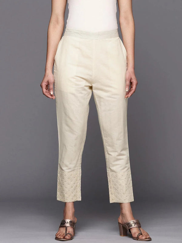 Off White Solid Cotton Trousers - Jashvi