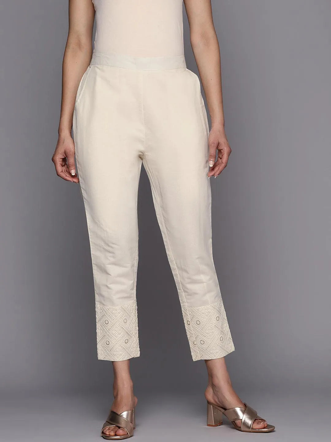 Off White Solid Cotton Trousers - Jashvi