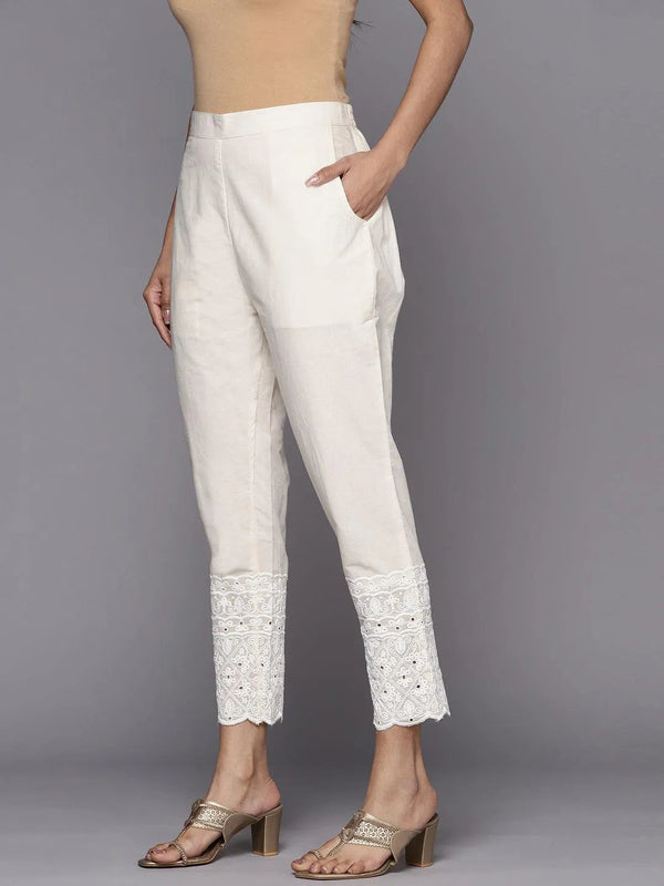 Off White Solid Cotton Trousers - Jashvi