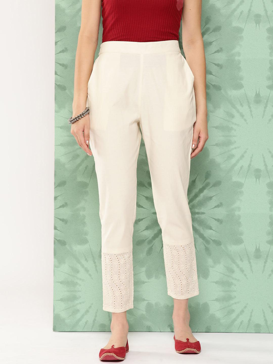 Off White Solid Cotton Trousers - Jashvi