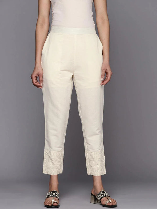 Off White Solid Cotton Trousers - Jashvi