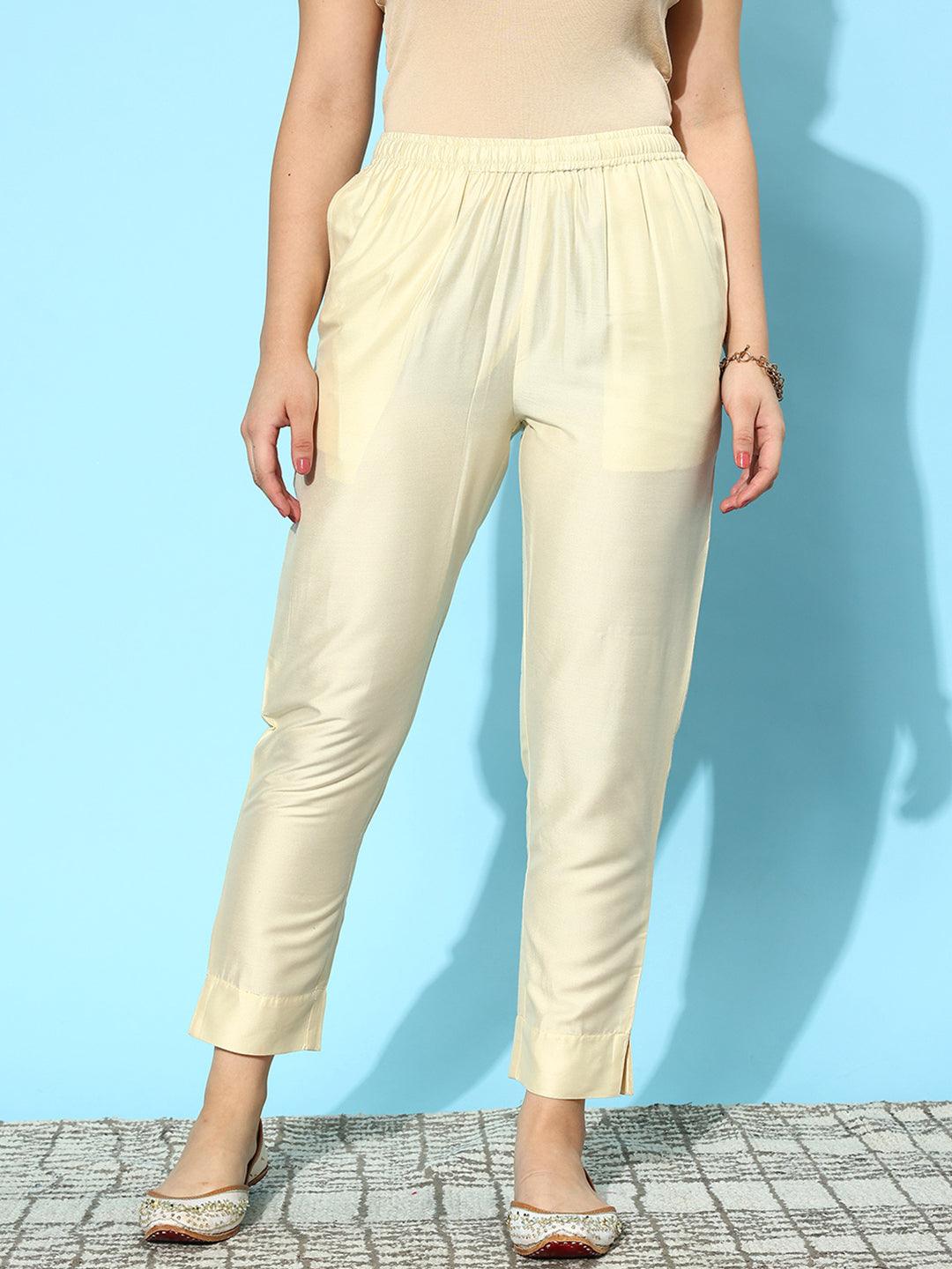 Off White Solid Silk Trousers - Jashvi