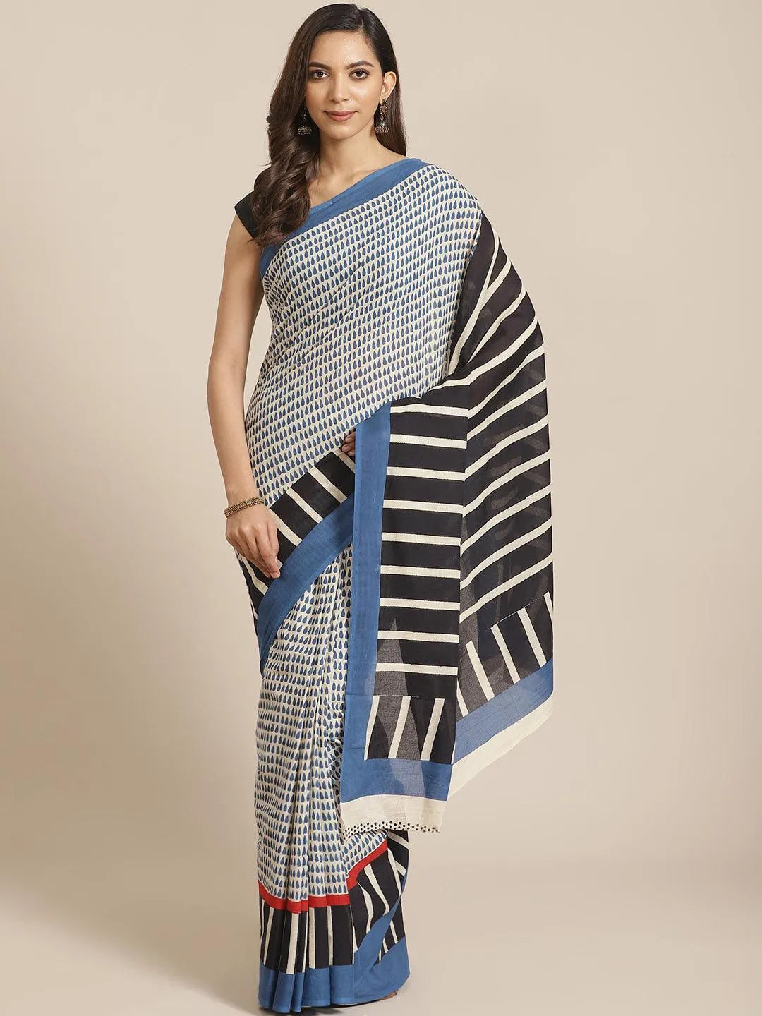 Off White Striped Cotton Saree - Jashvi