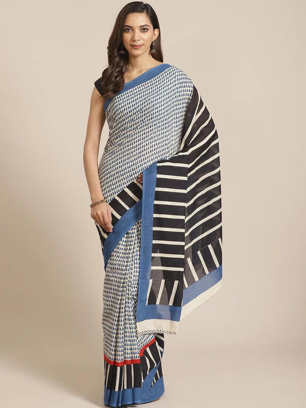 Off White Striped Cotton Saree - Jashvi