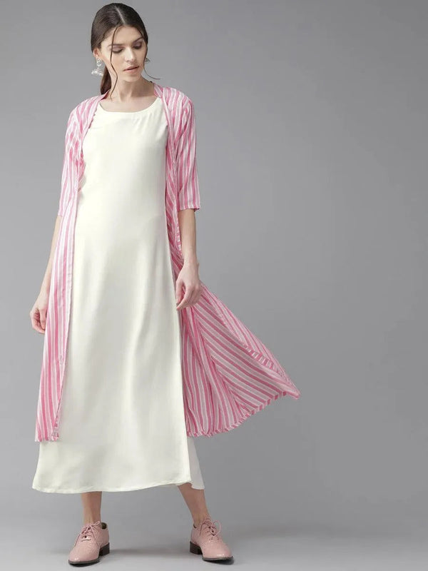 Off-White Striped Rayon Dress With Jacket - Jashvi