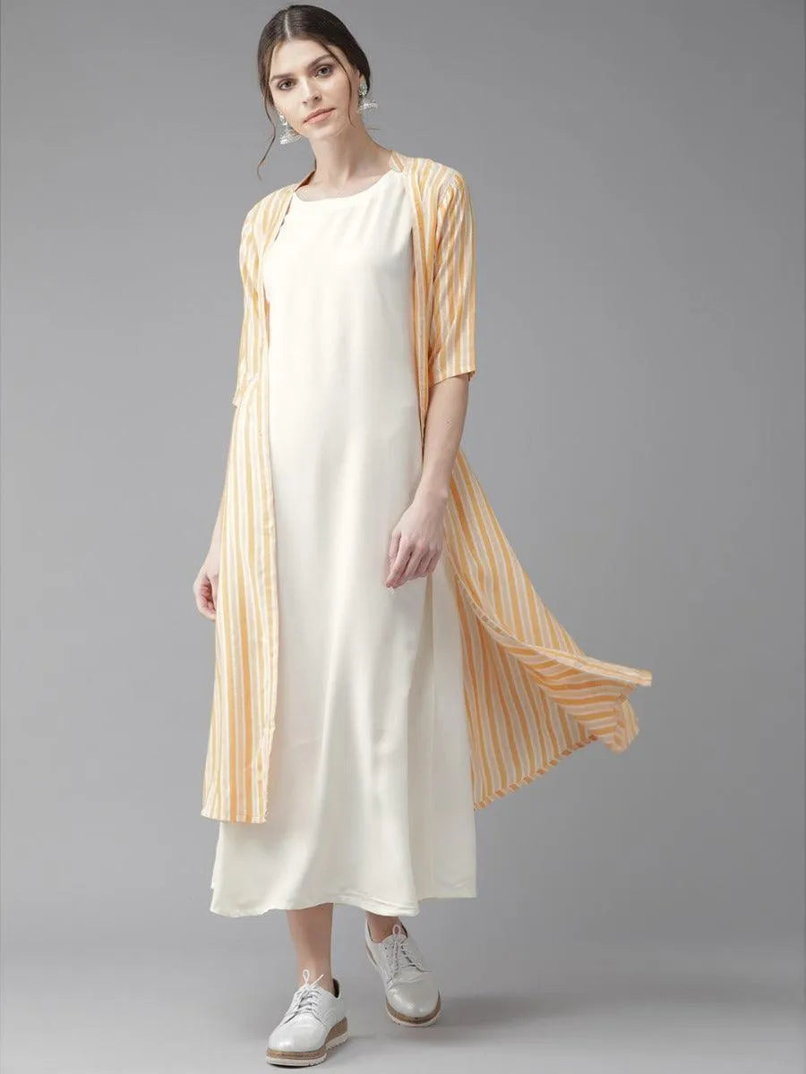 Off-White Striped Rayon Dress With Jacket - Jashvi