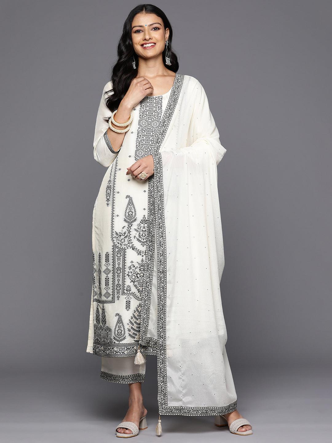 Off White Woven Design Silk Blend Straight Kurta With Trousers & Dupatta - Jashvi