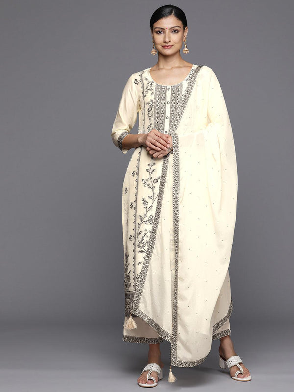 Off White Woven Design Silk Blend Straight Kurta With Trousers & Dupatta - Jashvi