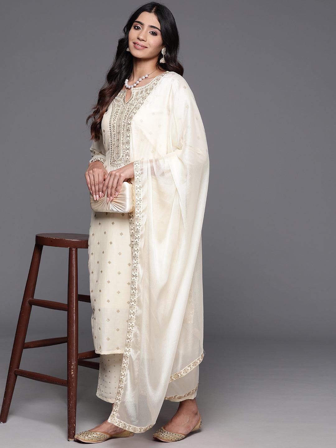 Off White Woven Design Silk Blend Straight Kurta With Trousers & Dupatta - Jashvi