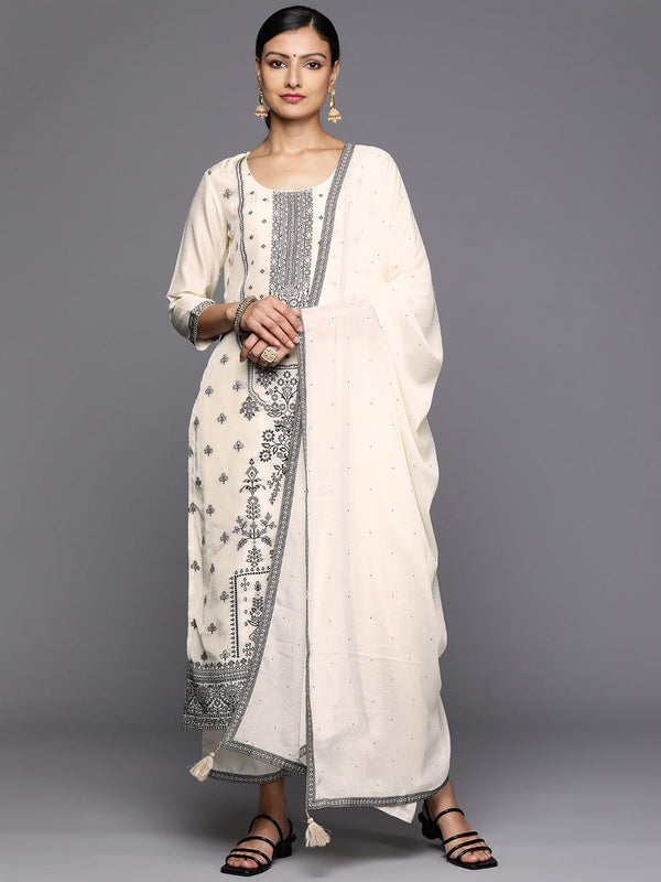 Off White Woven Design Silk Blend Straight Kurta With Trousers & Dupatta - Jashvi