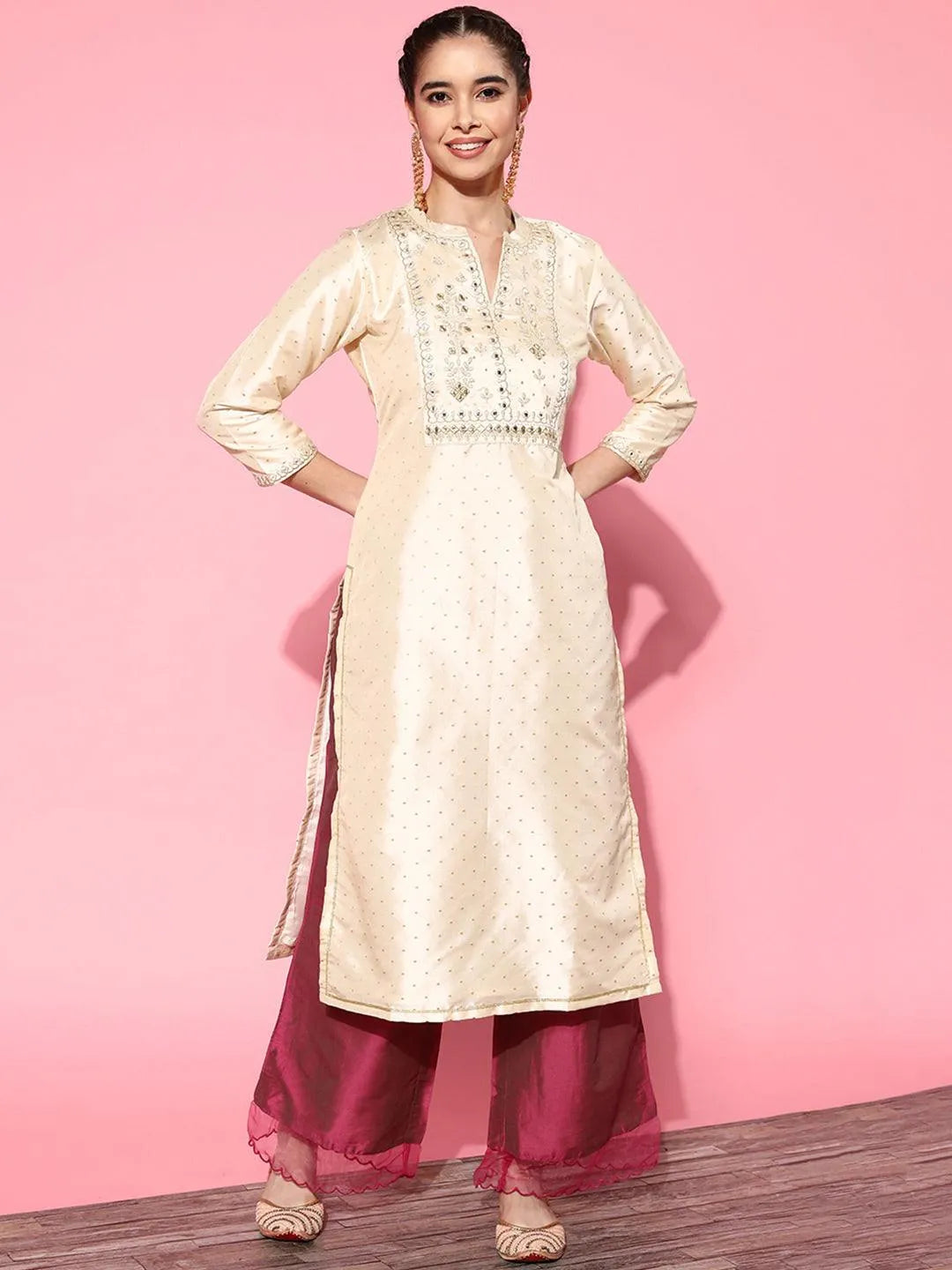 Off White Yoke Design Art Silk Straight Kurta - Jashvi